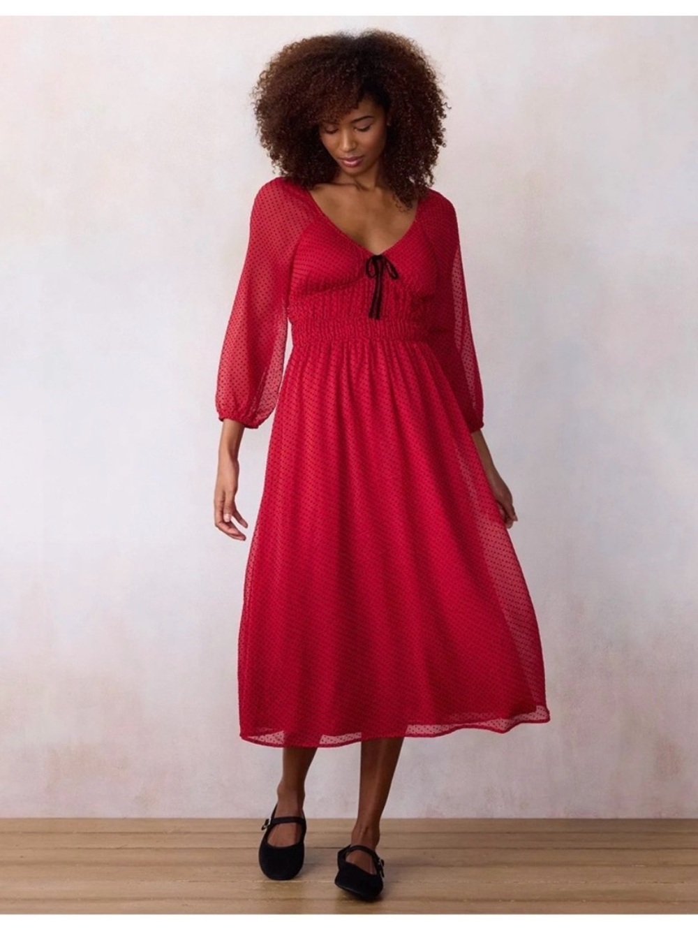 Lauren Conrad Red Midi Dress with Black Polka Dots with Tie-Neck L